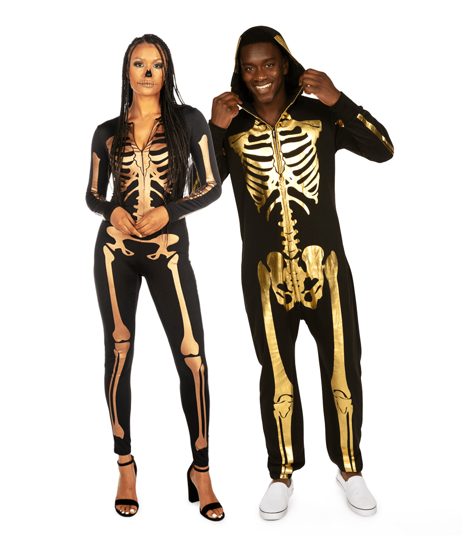 Matching Gold Skeleton Couples Costumes: Halloween Outfits | Tipsy Elves Matching Gold Skeleton Couples Costumes: Halloween Outfits | Tipsy Elves