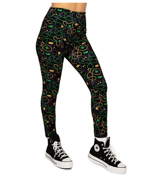 Tipsy Elves Women's Black Beaded Mardi Gras Leggings - Purple & Gold Design, 95% Polyester 5% Spandex, Machine Wash - View #7