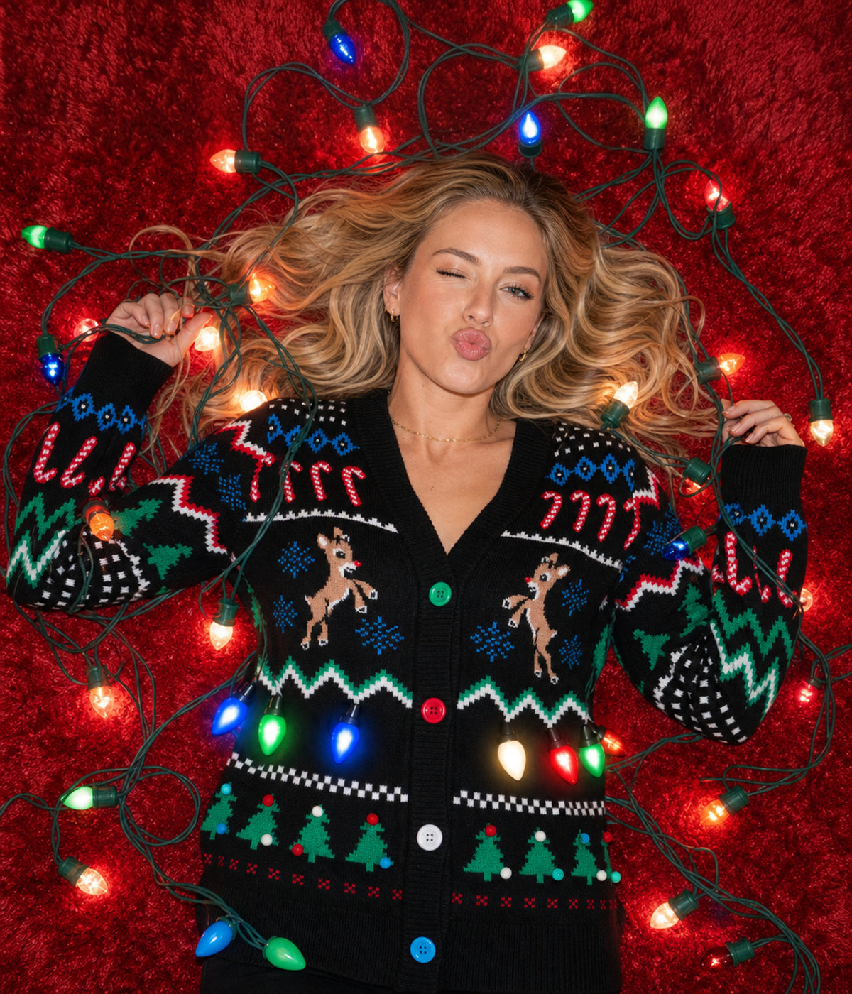 Women's Fair Isle Rudolph Light Up Christmas Cardigan Sweater Image 2