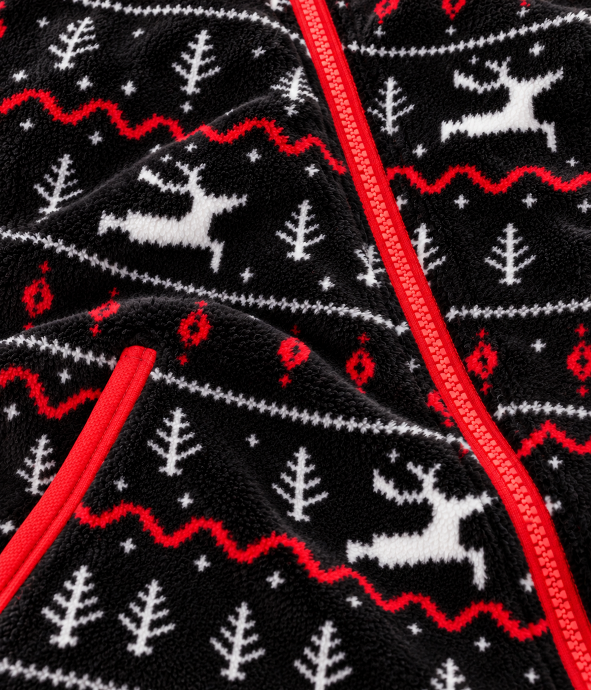 Women's Black and Red Fair Isle Jumpsuit fabric close-up