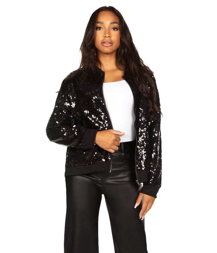 Black Sequin Disc Bomber Jacket