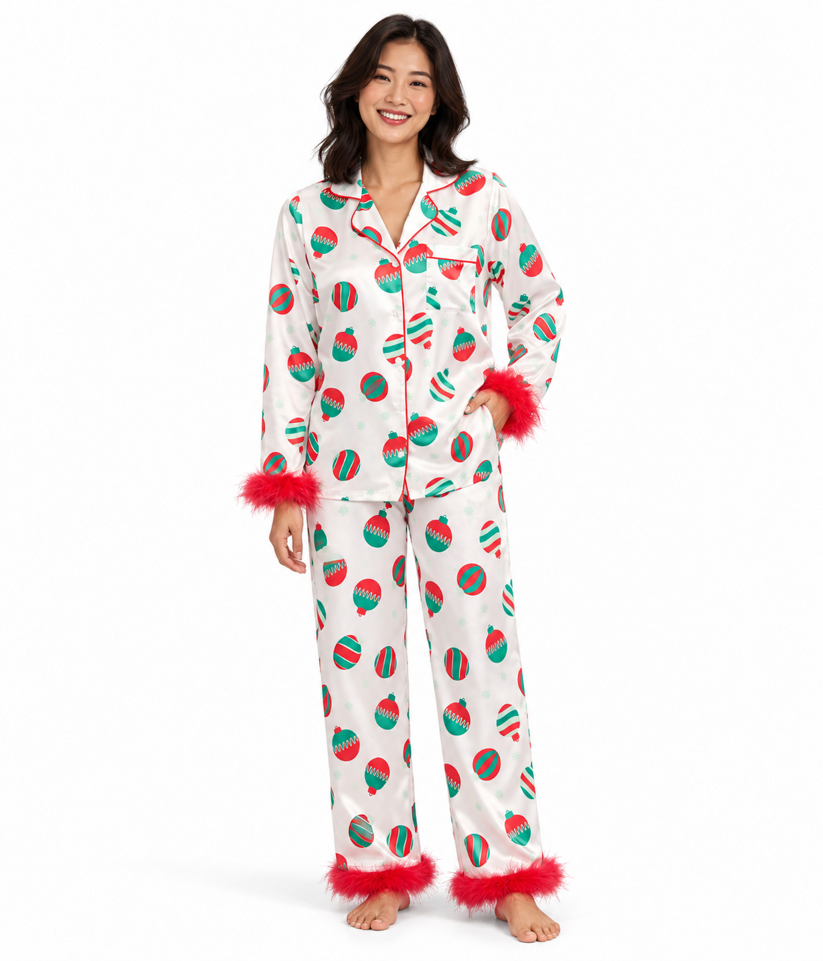 Women's Elegant Ornaments Satin Feather Pajama Set