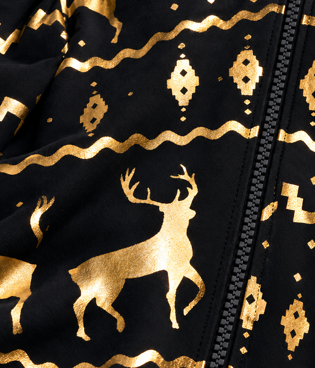 Women's Gold Foil Fair Isle Reindeer Jumpsuit fabric close-up