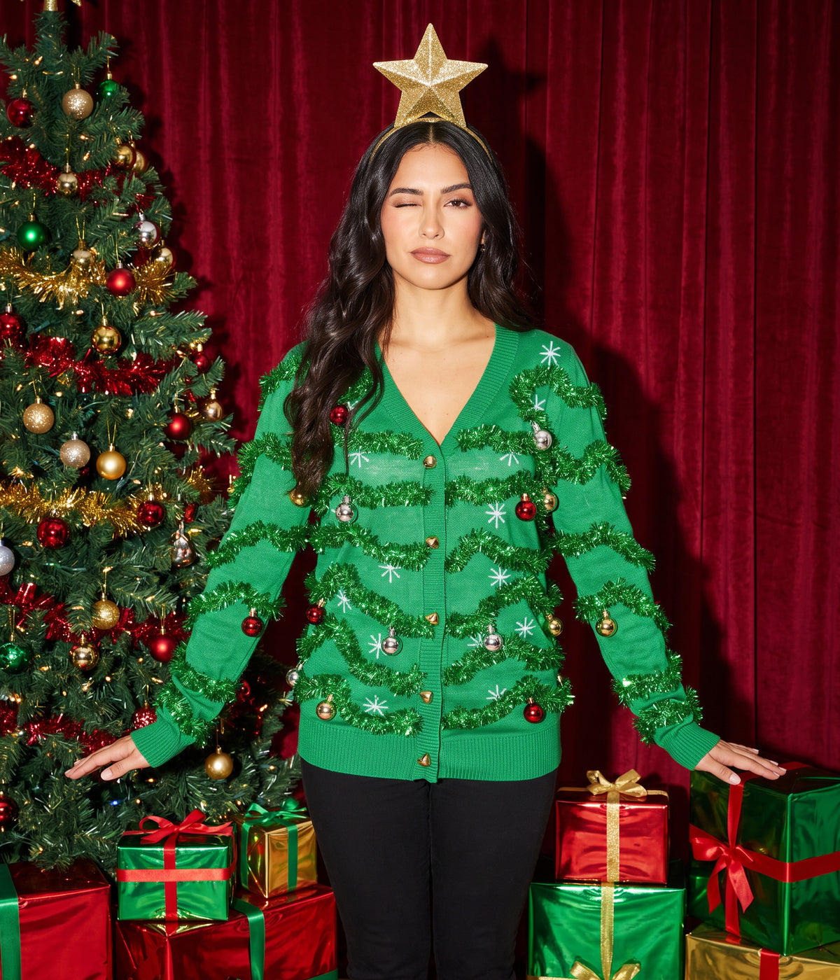 Women's Gaudy Garland Ugly Christmas Cardigan Sweater Image 2