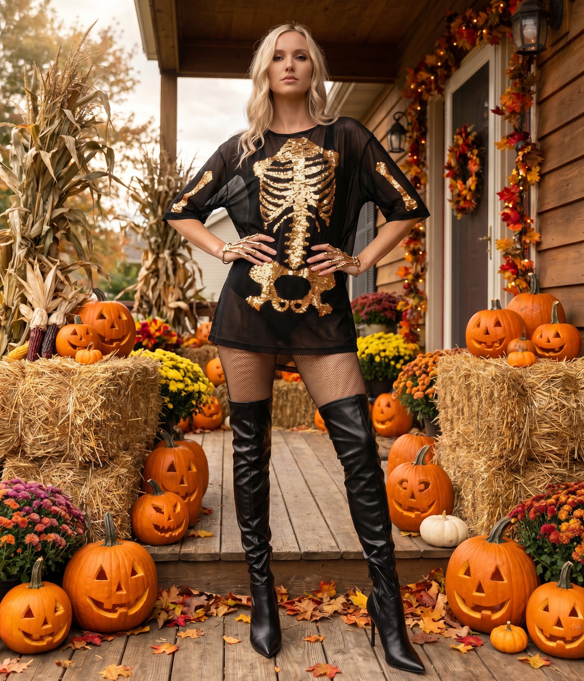 Gold Skeleton Mesh Costume Dress: Women's Halloween Outfits