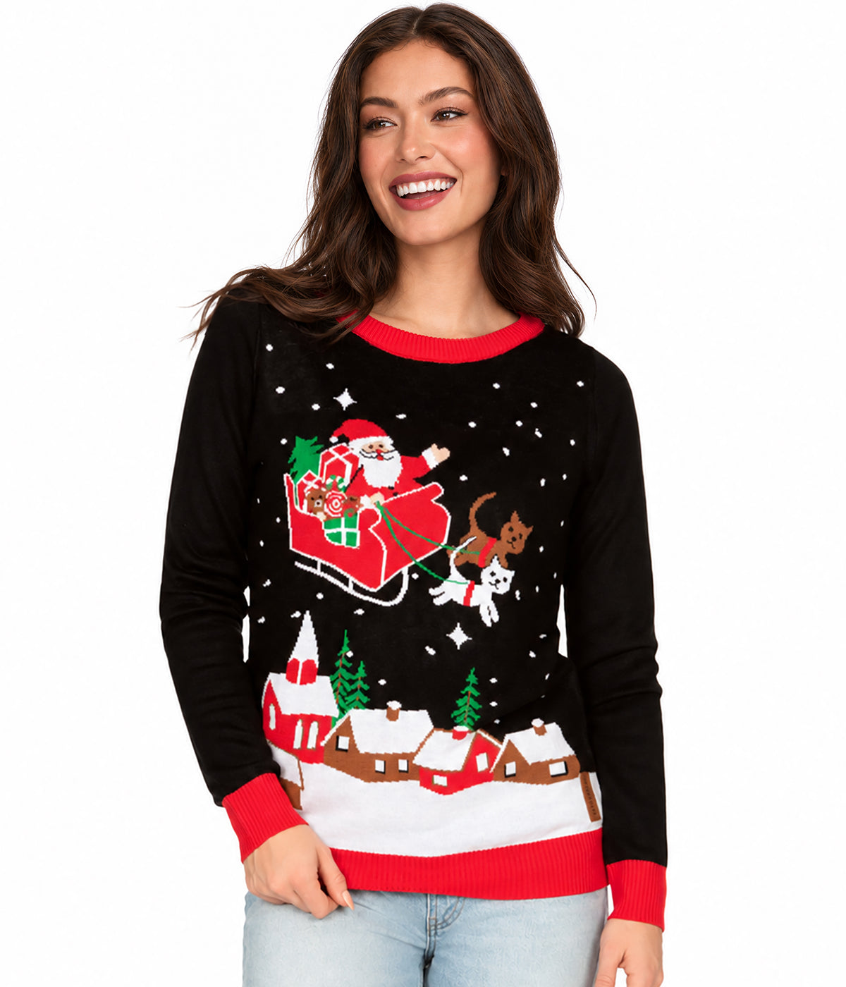 Women's Meowy Christmas Sleigh Light Up Ugly Christmas Sweater