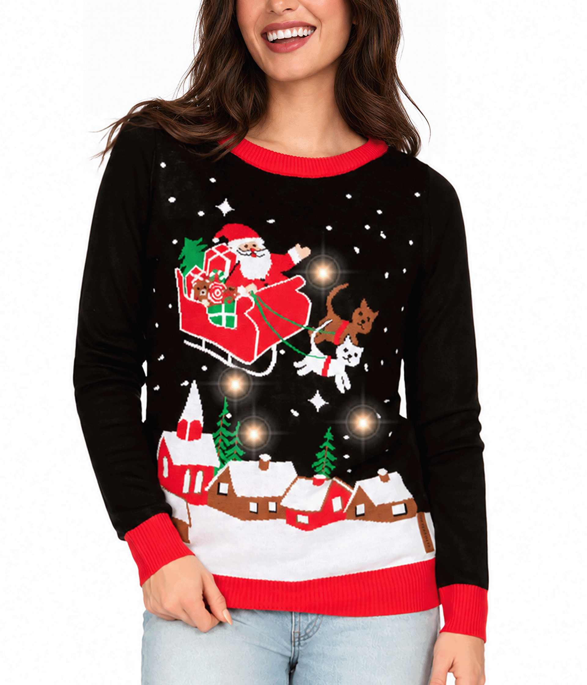 Women's Meowy Christmas Sleigh Light Up Ugly Christmas Sweater Image 2