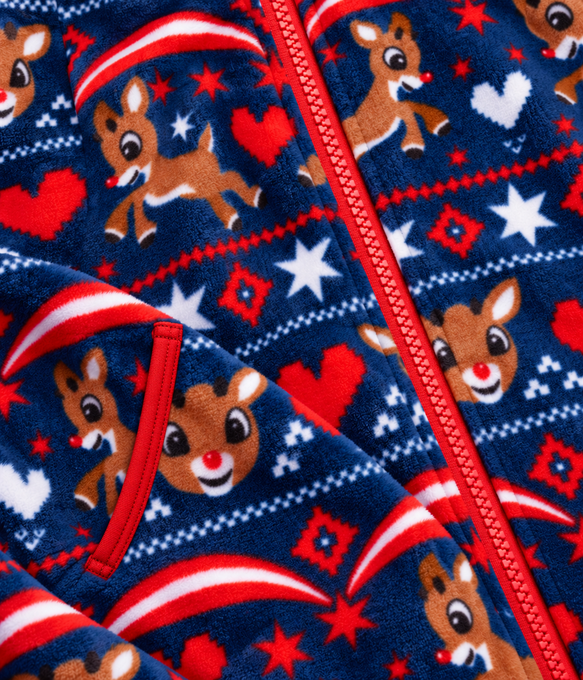 Women's Soaring Rudolph Christmas Jumpsuit fabric close-up