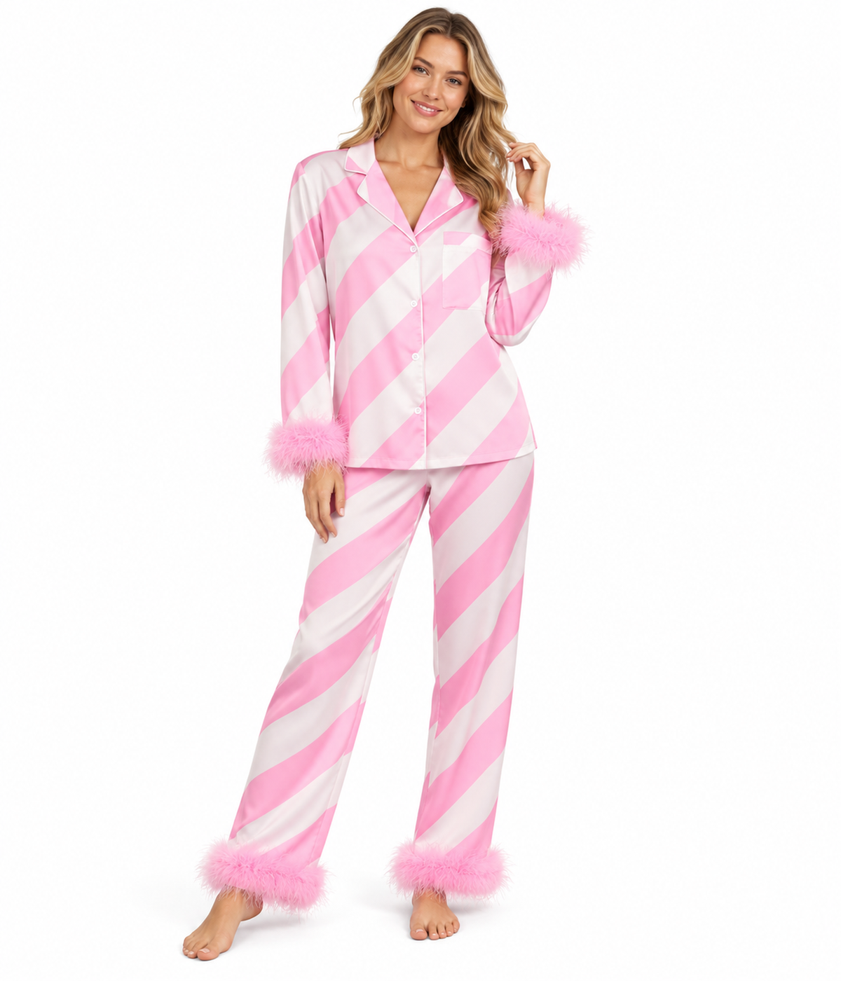 Women's Pink Candy Cane Satin Feather Pajama Set