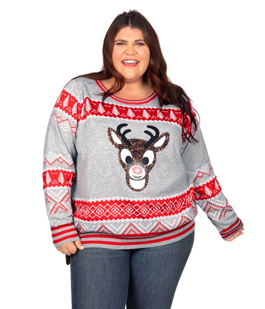 Women's Sequin Rudolph Light Up Plus Size Ugly Christmas Sweater Image 3