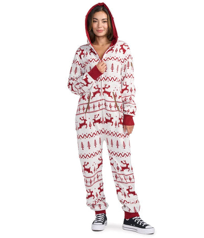 Women's Red and White Fair Isle Knit Jumpsuit Primary Image