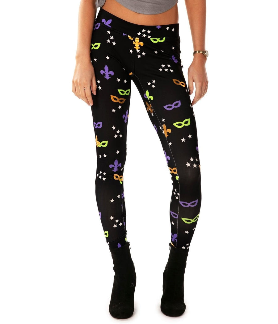 Tipsy Elves Women's Black Beaded Mardi Gras Leggings - Purple & Gold Design, 95% Polyester 5% Spandex, Machine Wash