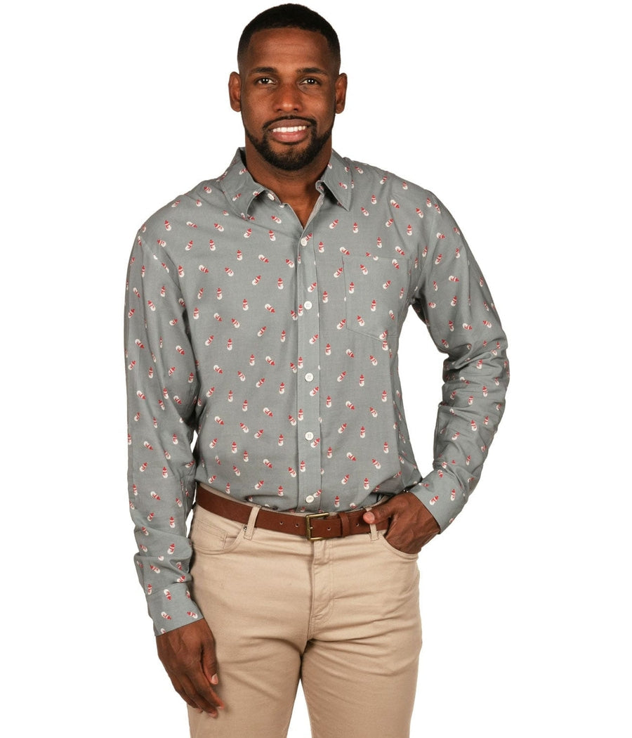 Men's Grey Snowman Long-Sleeve Button Down Shirt