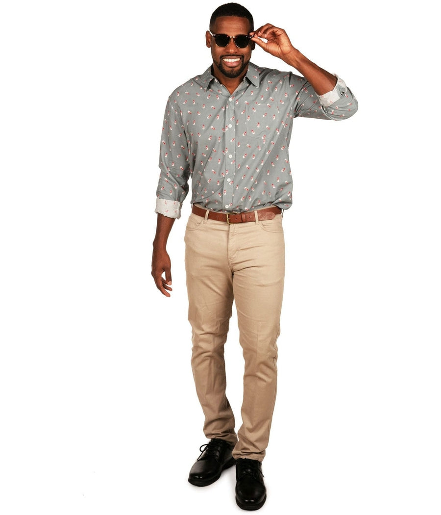 Men's Grey Snowman Long-Sleeve Button Down Shirt