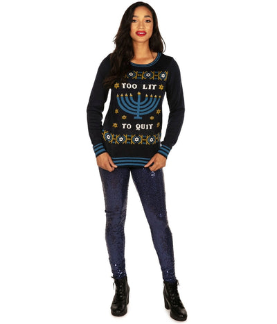 Women's Too Lit to Quit Light Up Ugly Hanukkah Sweater Image 3