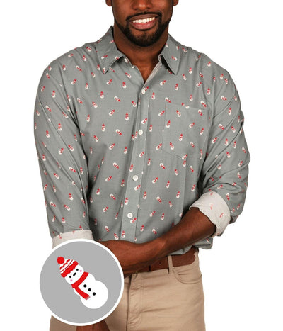 Men's Grey Snowman Long-Sleeve Button Down Shirt