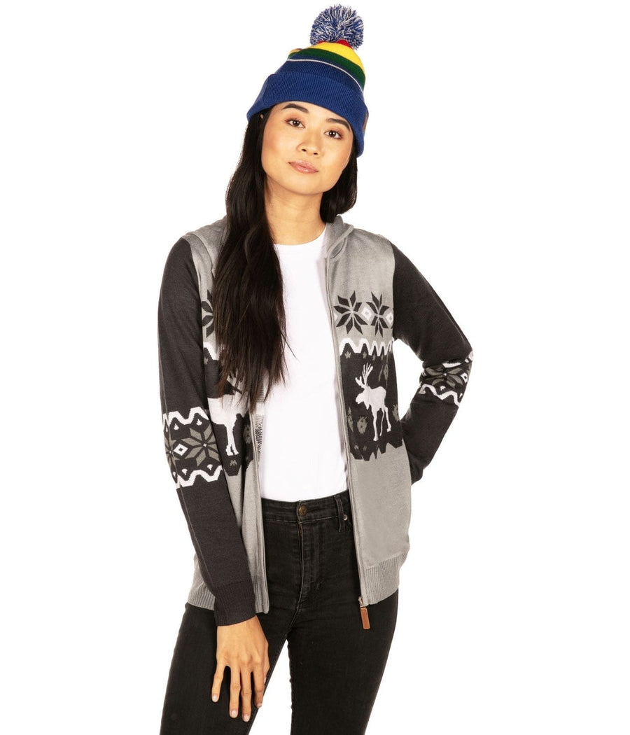 Women's Winter Moose Zip Up Hooded Sweater
