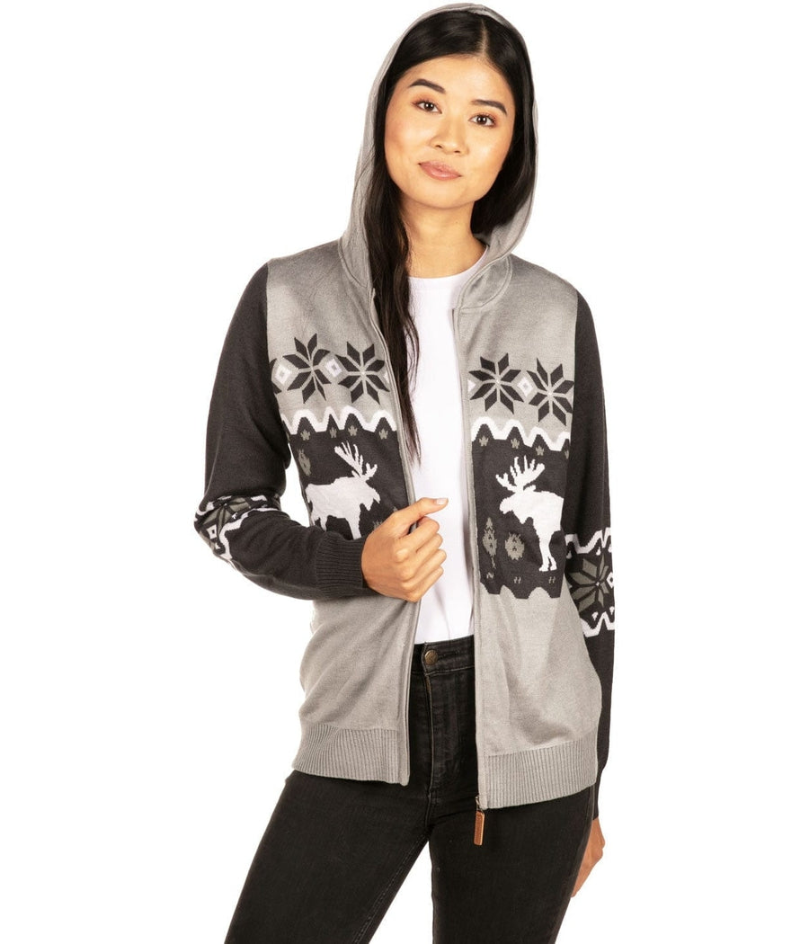 Women's Winter Moose Zip Up Hooded Sweater