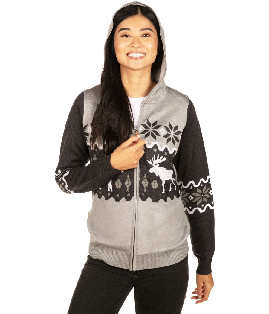 Women's Winter Moose Zip Up Hooded Sweater