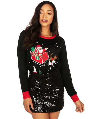 Women's Meowy Christmas Sleigh Light Up Ugly Christmas Sweater Image 4