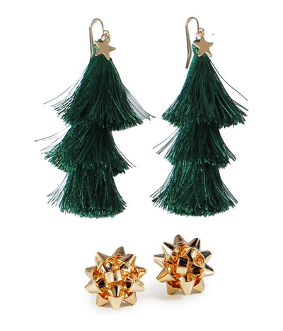 Christmas Tree Tassel Earrings + Gold Bow Post Earrings Combo Primary Image