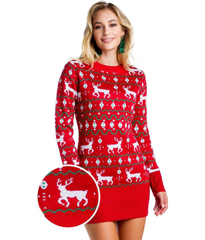 Women's Red Reindeer Sweater Dress Primary Image