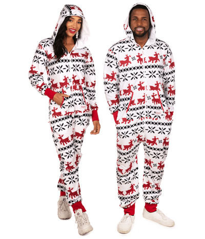 Matching Red and White Reindeer Couples Jumpsuits Primary Image