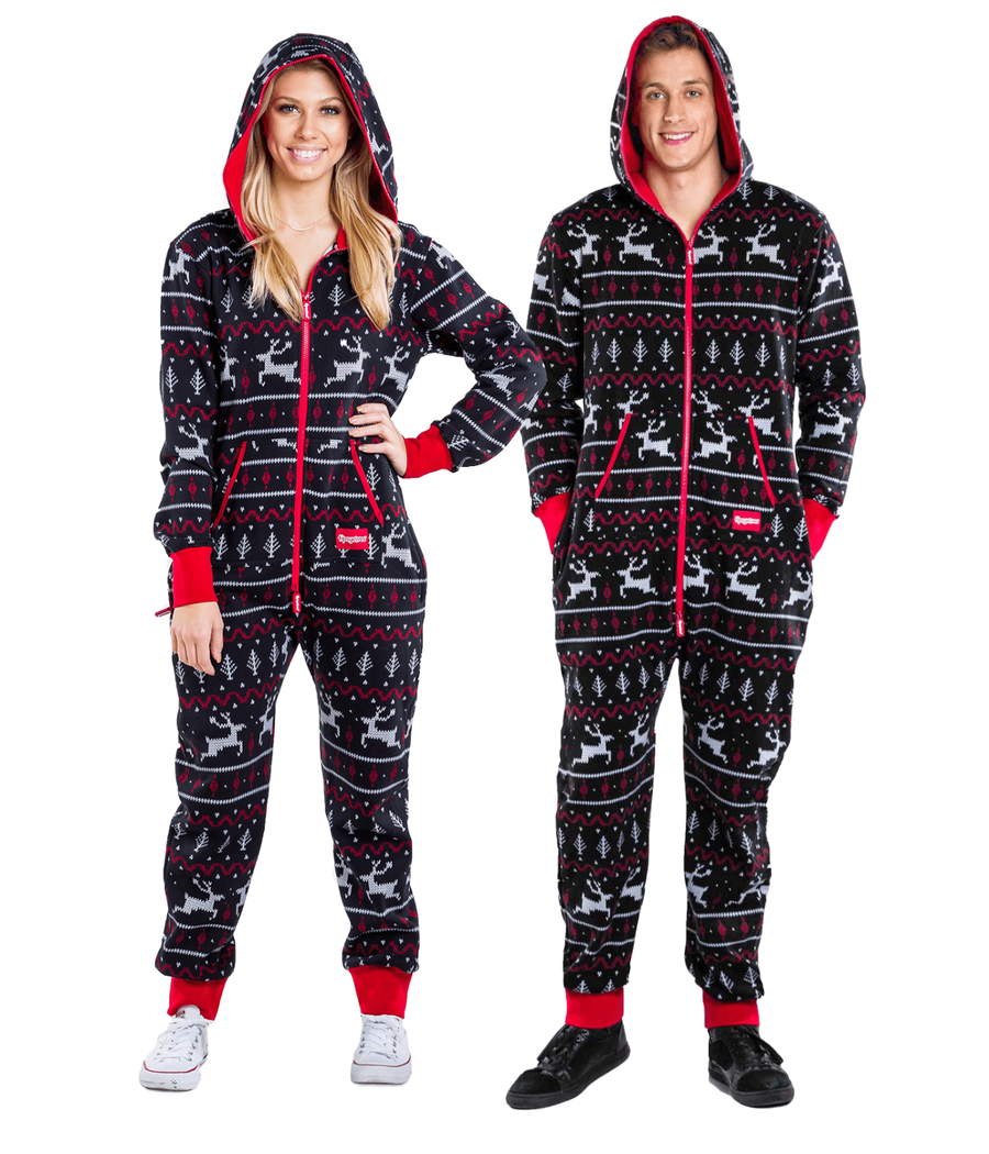 Matching Black and Red Fair Isle Couples Jumpsuits