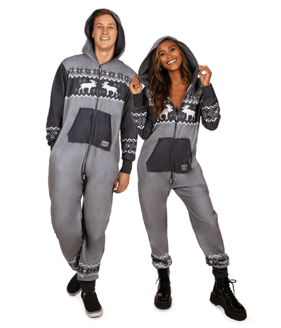 Matching Black and Grey Moose Couples Jumpsuits Primary Image
