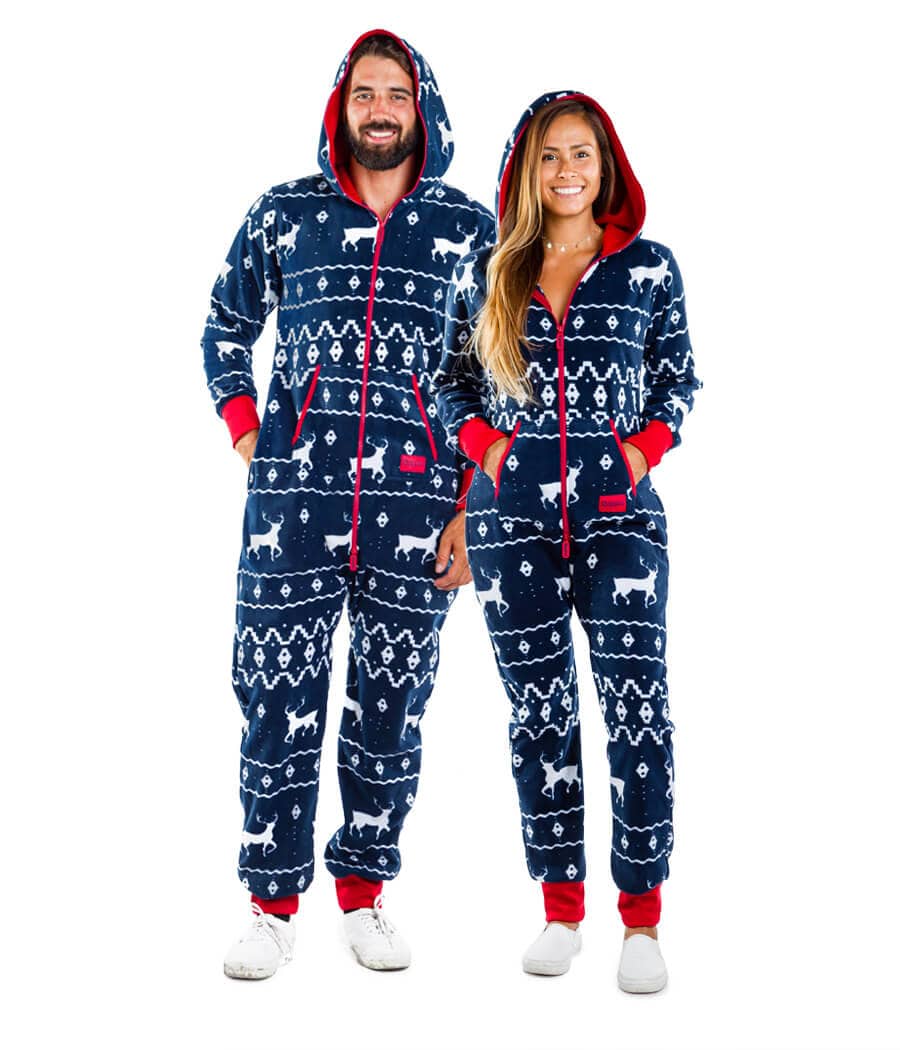 Matching Blue Reindeer couples jumpsuits