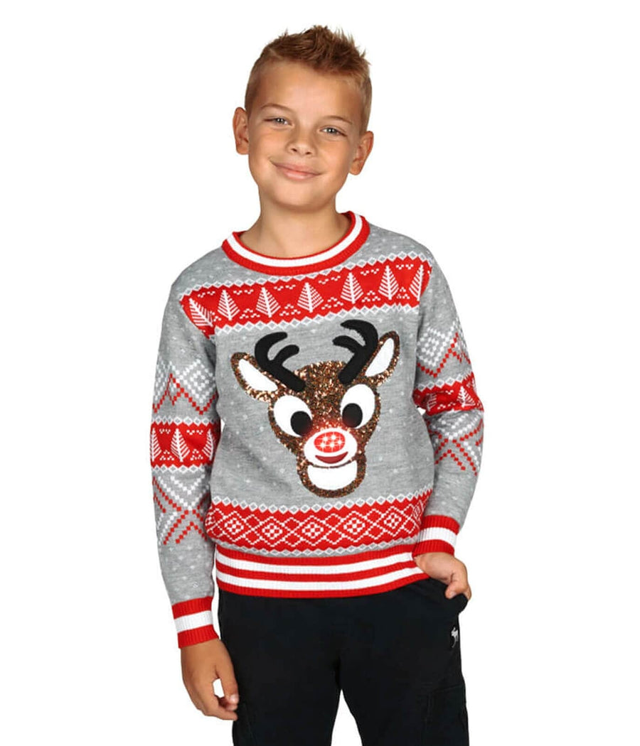 Boy's Sequin Rudolph Light Up Ugly Christmas Sweater