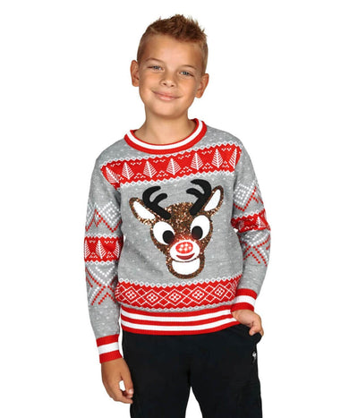 Boy's Sequin Rudolph Light Up Ugly Christmas Sweater Image 2