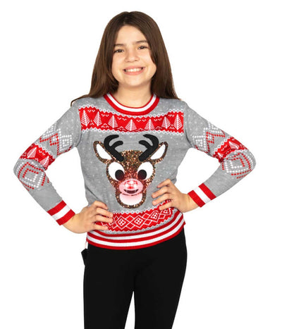 Girl's Sequin Rudolph Light Up Ugly Christmas Sweater Image 3