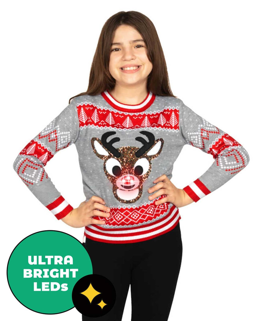 Girl's Sequin Rudolph Light Up Ugly Christmas Sweater