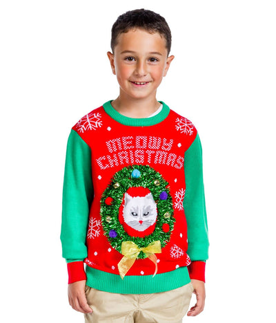 Boy's Cat in Wreath Ugly Christmas Sweater