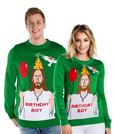 Matching Happy Birthday Jesus Couples Ugly Christmas Sweater Primary Image