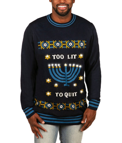 Men's Too Lit to Quit Light Up Ugly Hanukkah Sweater Primary Image