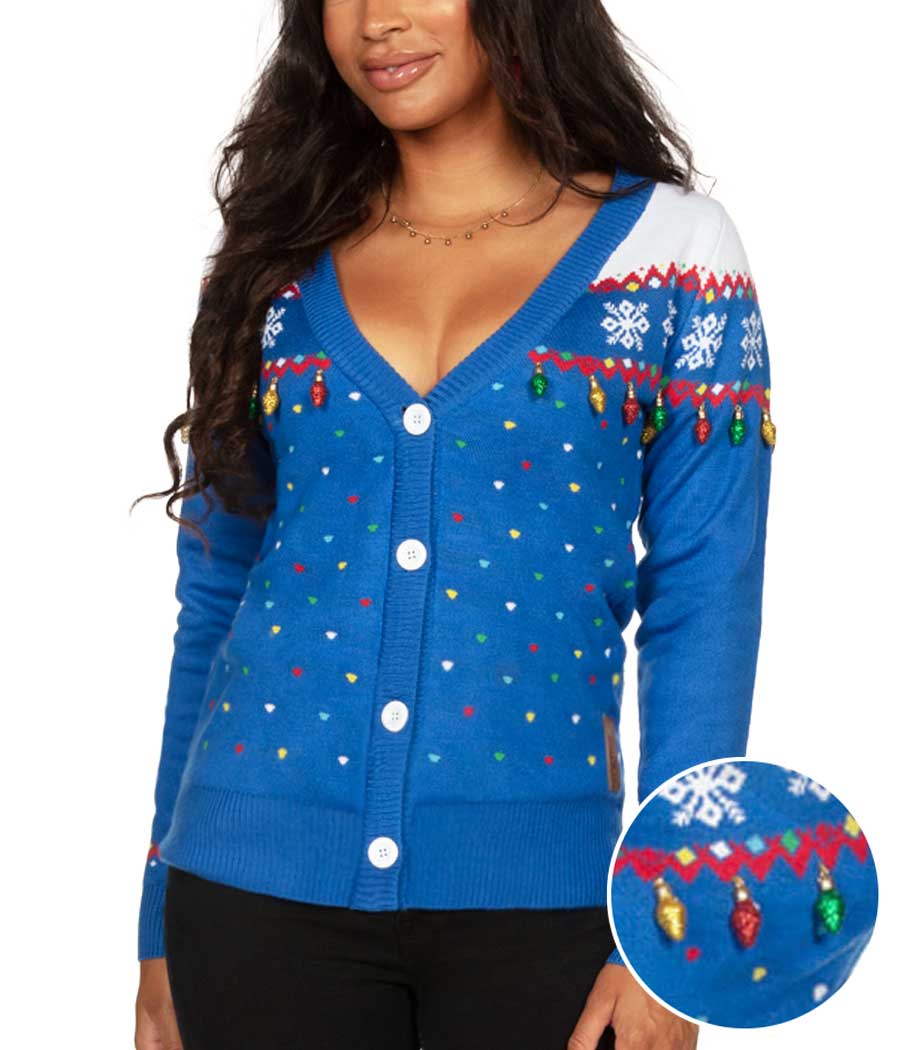 Women's Blue Christmas Lights Cardigan Sweater