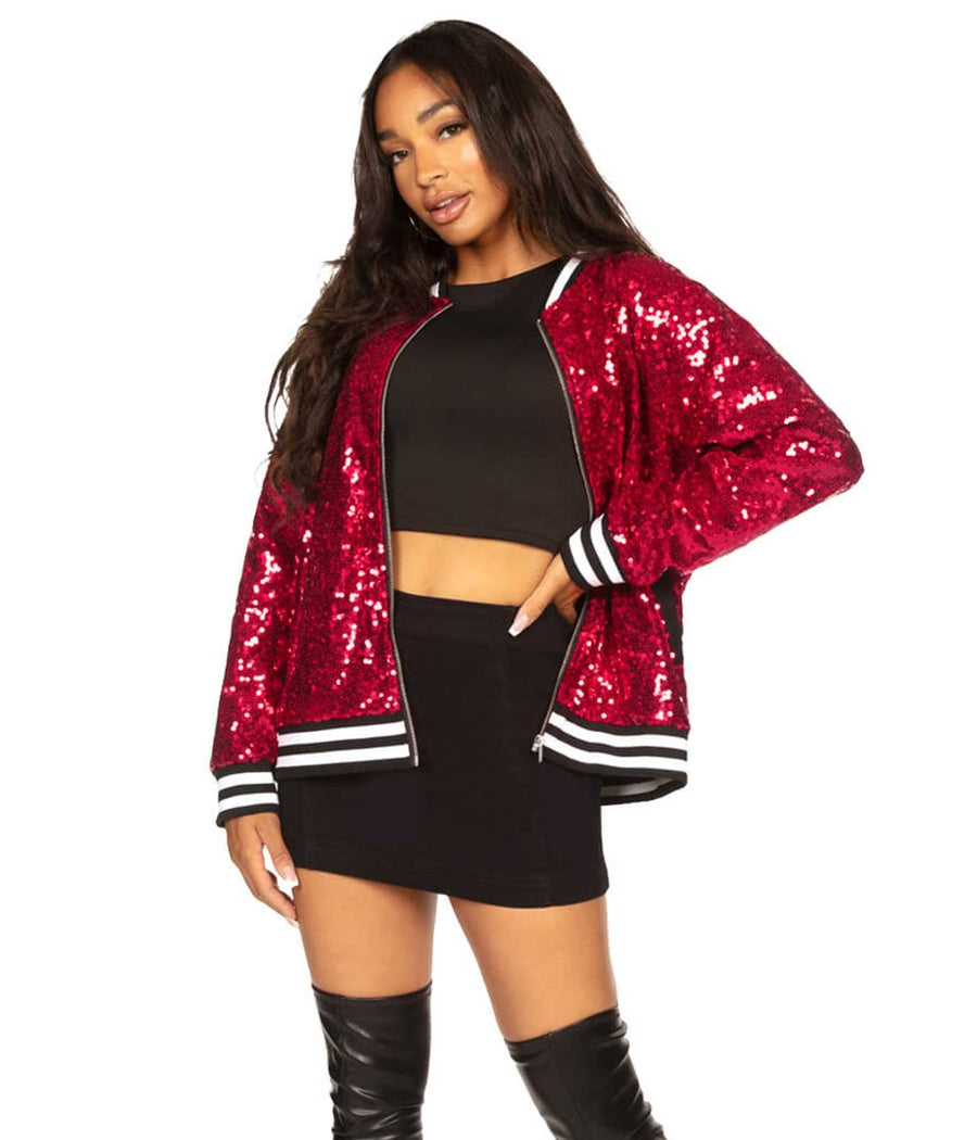 Women's Red Sequin Disc Bomber Jacket Primary Image