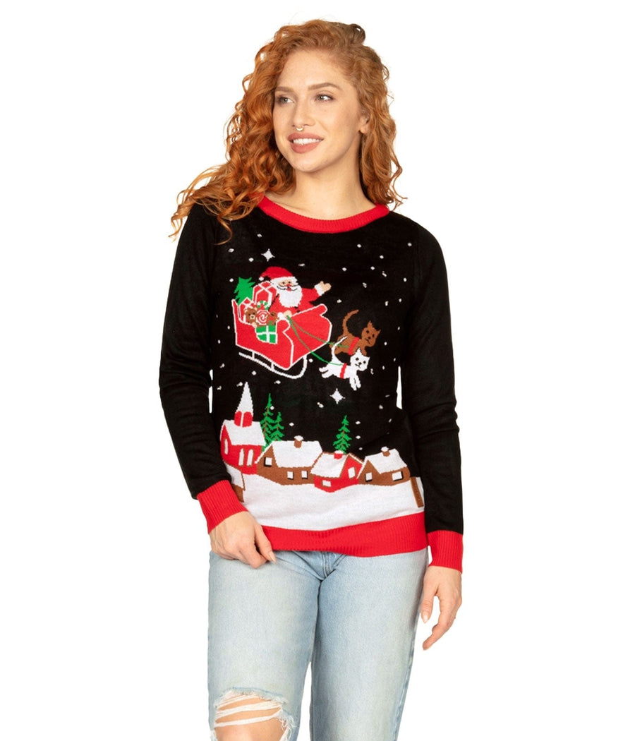 Women's Meowy Christmas Sleigh Light Up Ugly Christmas Sweater Image 3
