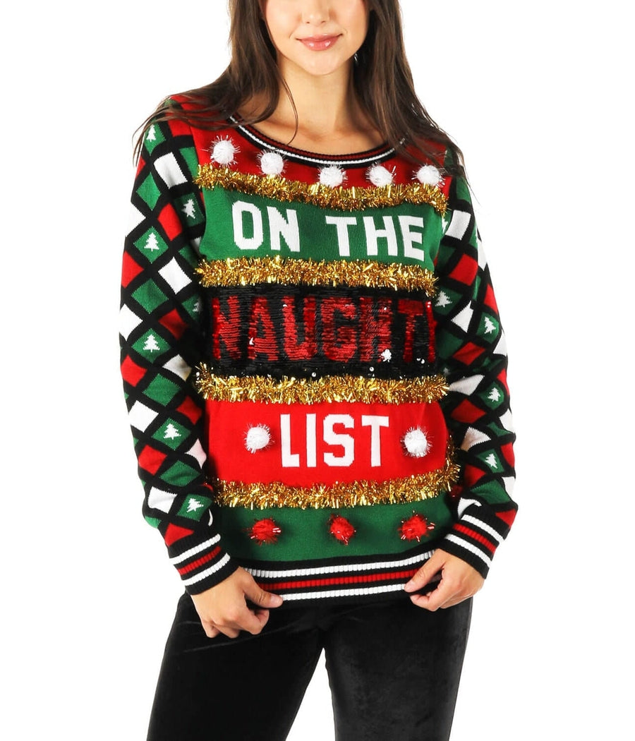 Women's Naughty or Nice Reversible Sequin Ugly Christmas Sweater Image 2