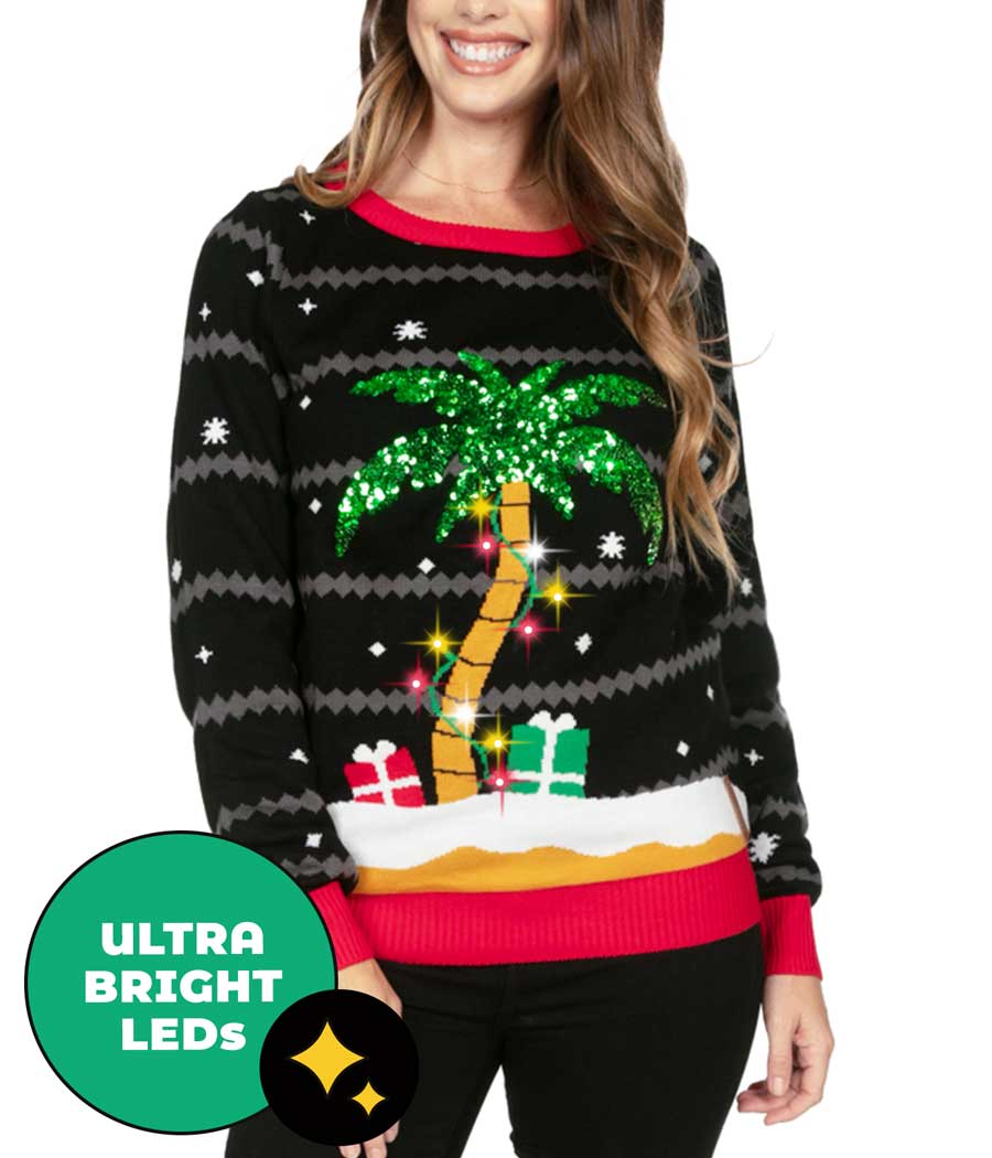 Women’s All Is Palm All Is Bright Light Up Ugly Christmas Sweater