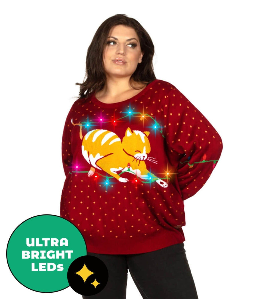 Women's Cat-itude Light Up Plus Size Ugly Christmas Sweater