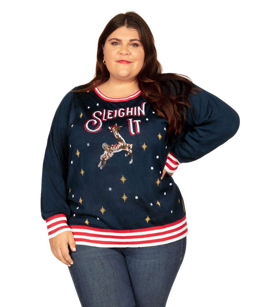 Sleighin' It Plus Size Ugly Christmas Sweater Women's Christmas Women's Plus Size Ugly Christmas Sweaters