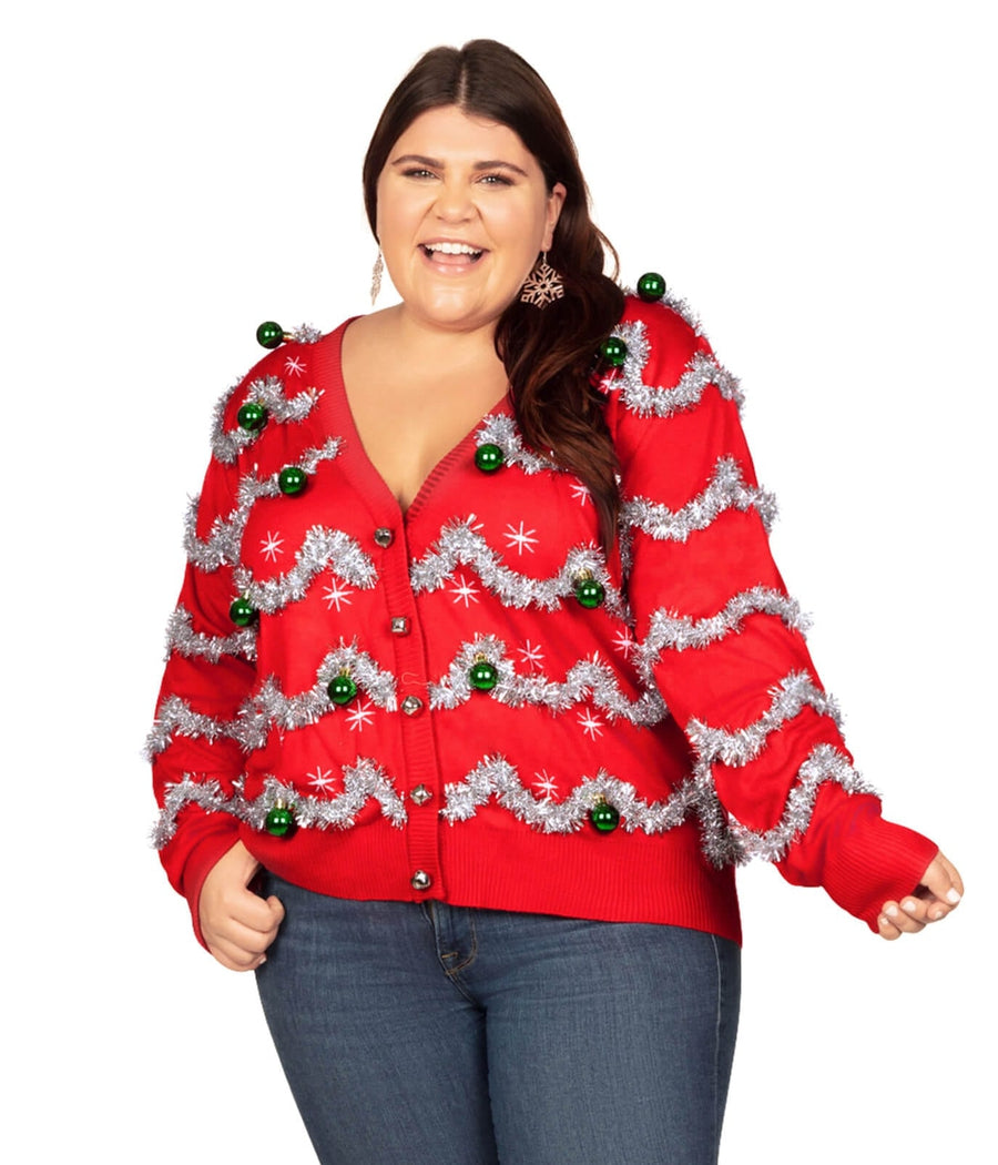 Women's Tinsel Plus Size Ugly Christmas Cardigan Sweater