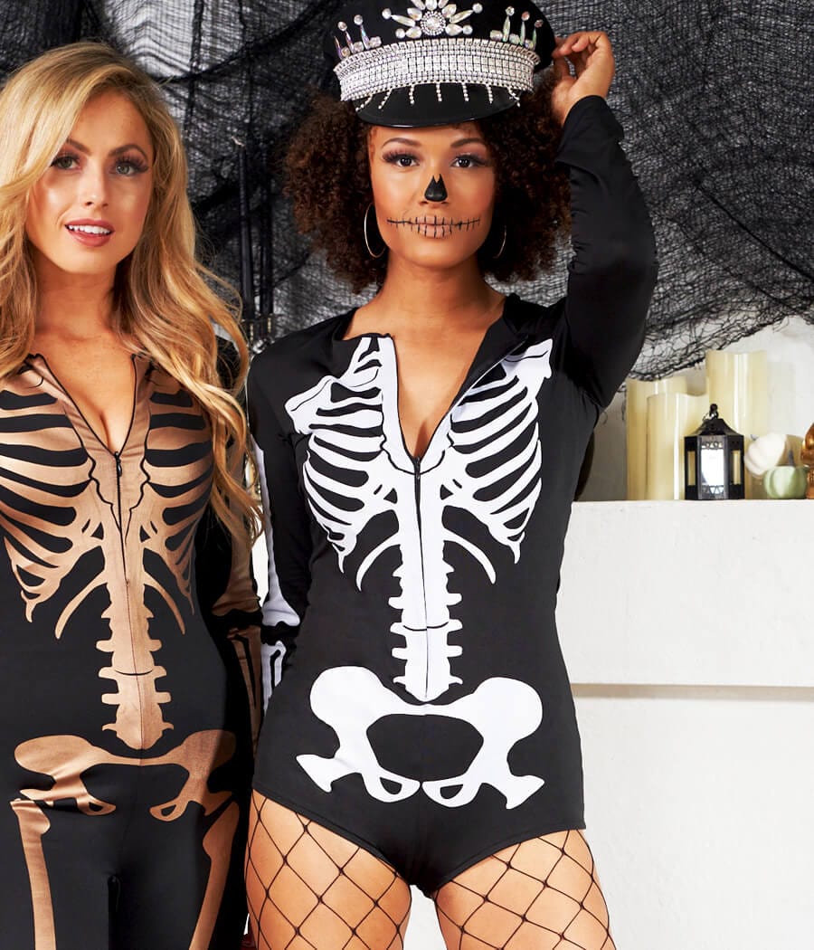 Halloween Women Skeleton Tight One-piece Swimsuit With Zip-back